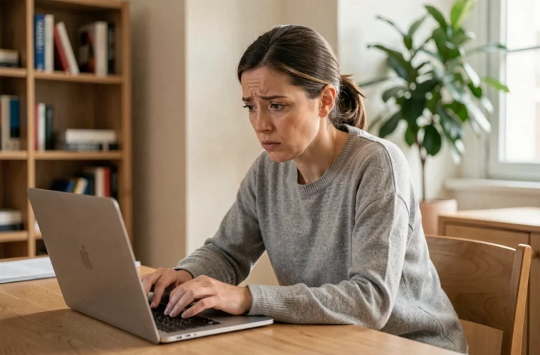 Femme regardant son ordinateur portable avec une expression préoccupée, cherchant à savoir si quelqu'un fait des recherches sur elle en ligne