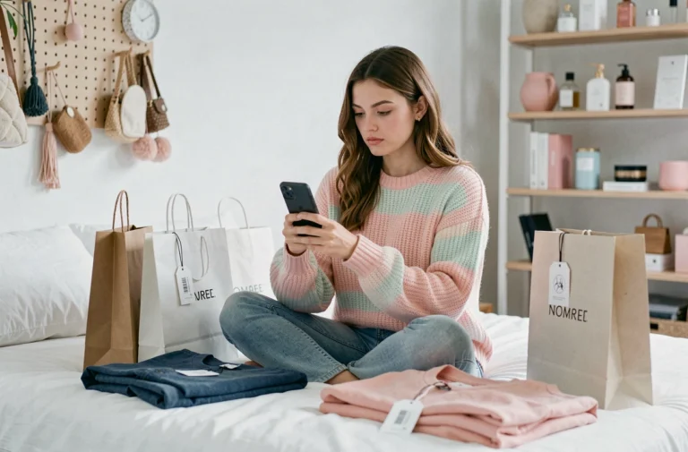 Jeune femme entourée de sacs shopping consultant les réseaux sociaux sur son smartphone dans une chambre minimaliste, illustrant le lien entre médias sociaux et matérialisme