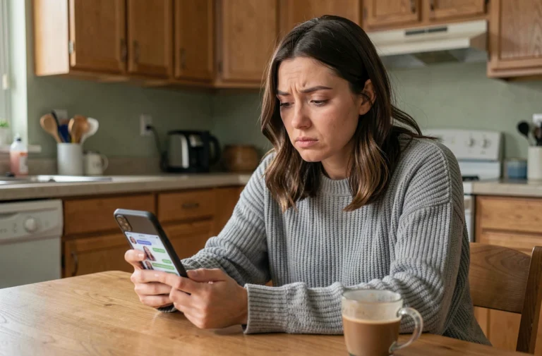 Femme seule à une table de cuisine regardant son téléphone avec une expression distante, illustrant le manque d'envie de voir sa famille