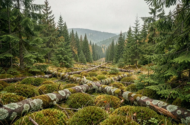Forêt boréale vierge s'étendant à perte de vue, sans présence humaine, symbole des derniers espaces sauvages de la planète