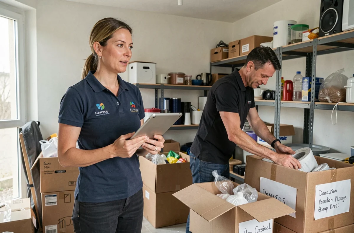 Coordinatrice de France Débarras antenne Nantes supervisant le tri d'objets dans un appartement