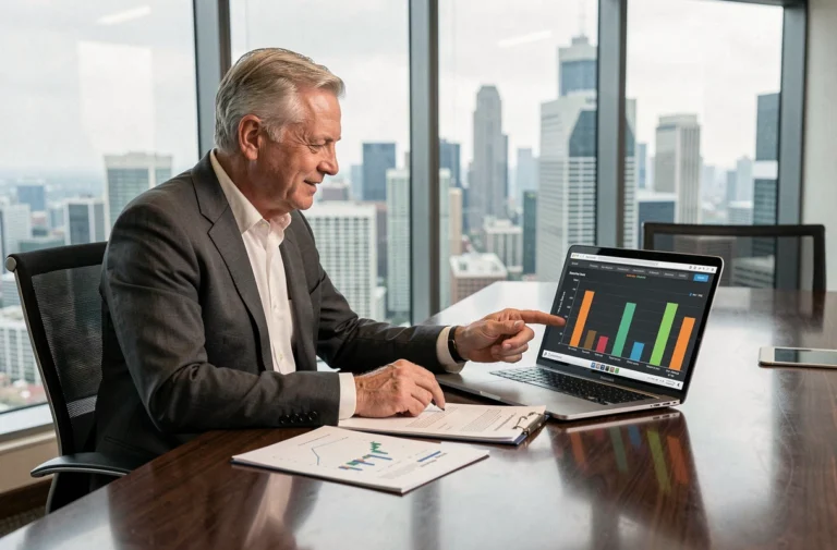 Cadre dirigeant d'un grand gestionnaire d'actifs analysant des données financières dans un bureau en hauteur avec vue sur la skyline urbaine