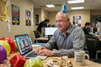 Homme d'âge mûr avec chapeau d'anniversaire en carton assis seul à son bureau de bureau entouré de ballons dégonflés et de gâteau raté, expression hilarante entre le rire et la résignation