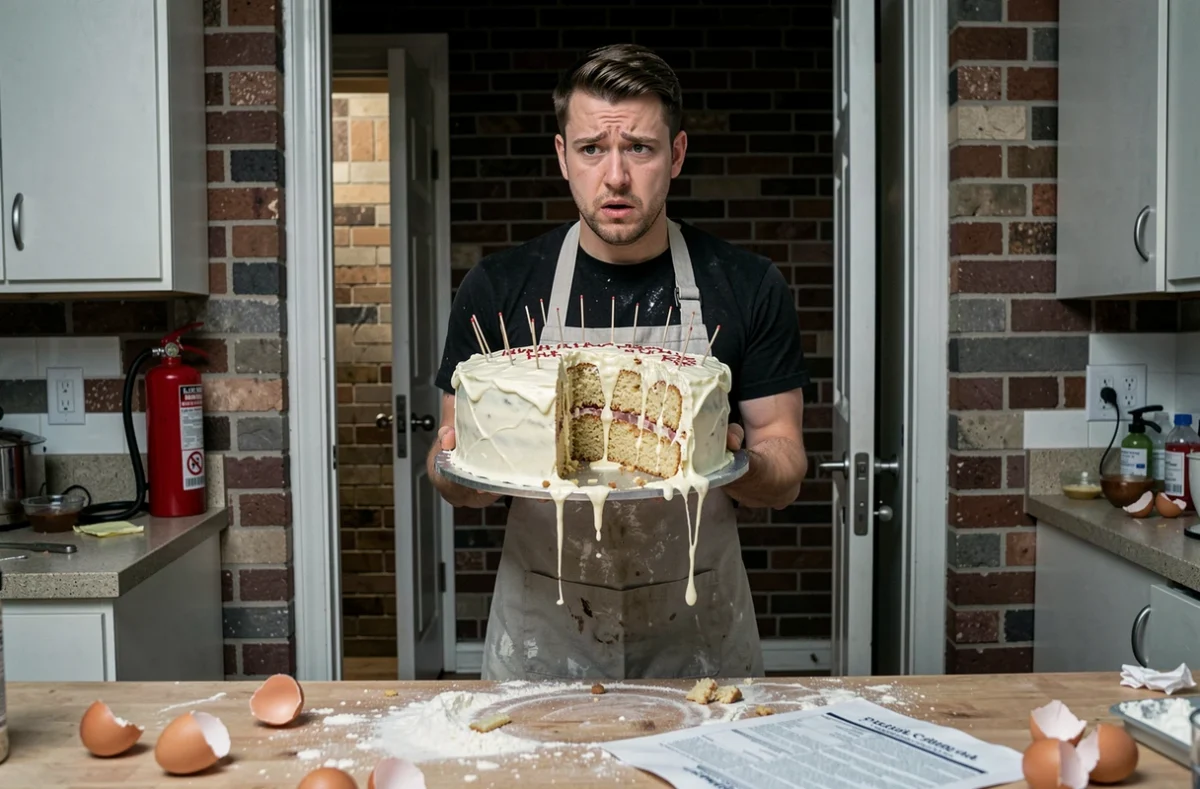 Jeune homme présentant fièrement un gâteau d'anniversaire complètement raté et effondré dans une cuisine chaotique recouverte de farine, regard entre fierté et incrédulité