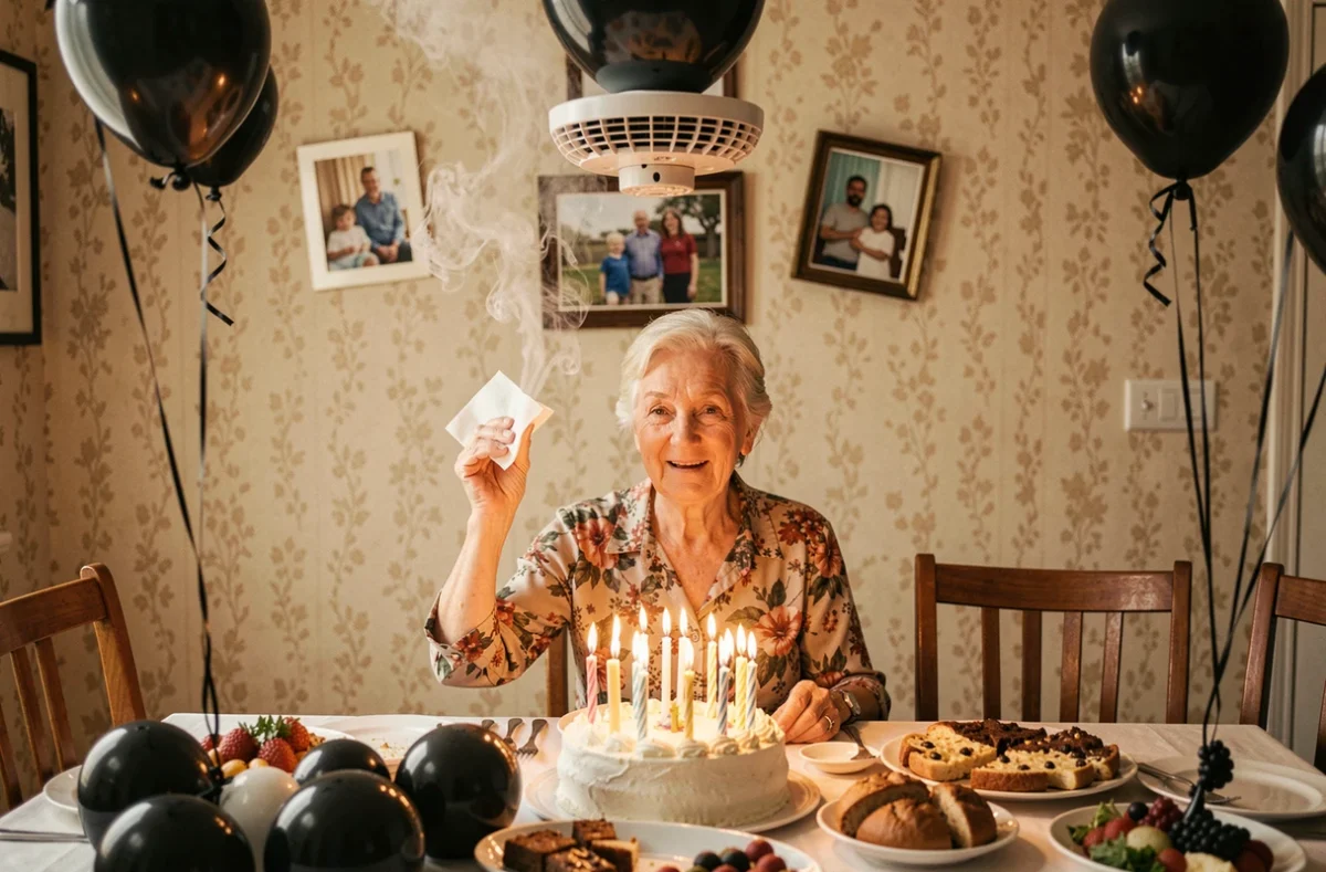Femme âgée élégante soufflant des dizaines de bougies d'anniversaire qui ont déclenché le détecteur de fumée, expression amusée et digne face au chaos festif