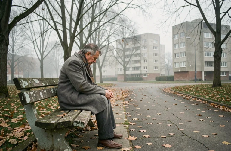 Homme seul assis sur un banc dans un parc urbain désert en automne, évoquant la solitude et l'opposé du paradis
