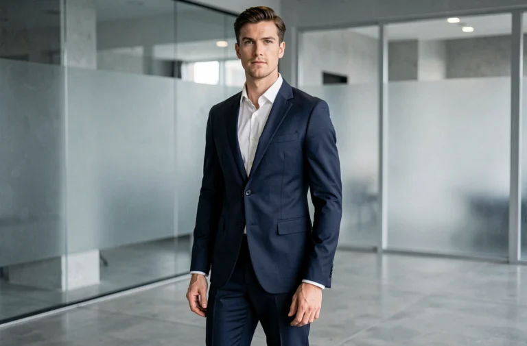 Homme mince en costume slim fit bleu marine bien ajusté dans un hall de bureau moderne