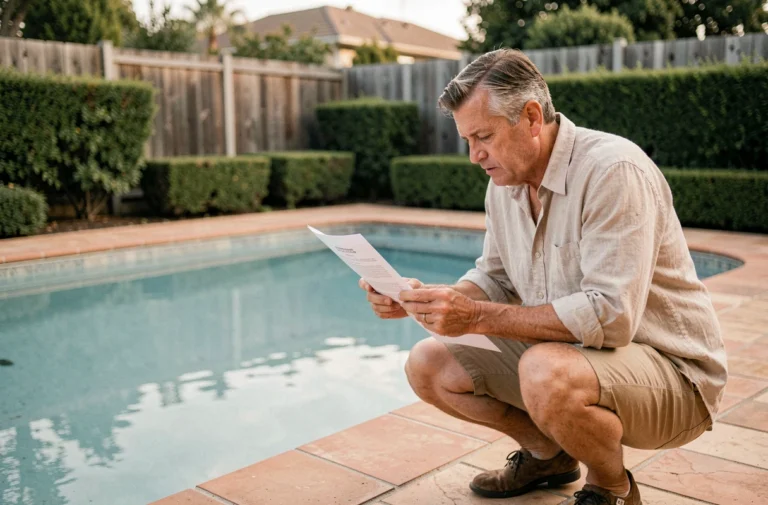 Homme lisant un document officiel au bord d'une piscine résidentielle pour vérifier son droit de remplissage