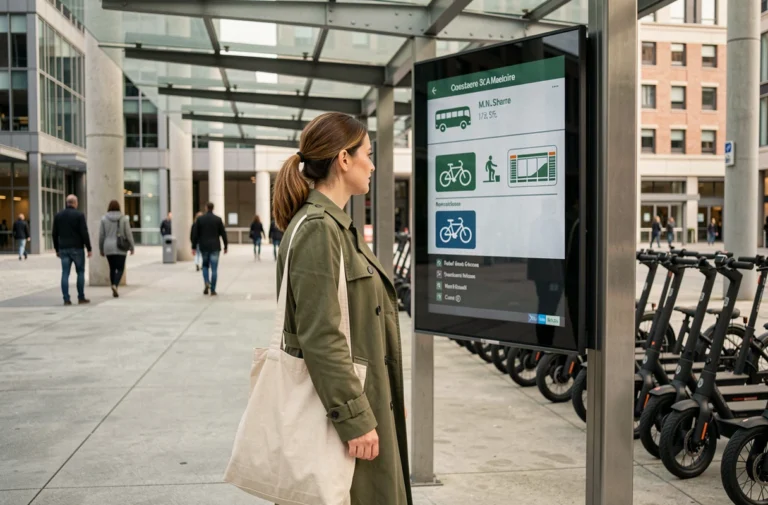 Femme consultant un panneau d'affichage multimodal dans un hub de mobilité urbaine moderne avec vélos et trottinettes électriques en arrière-plan