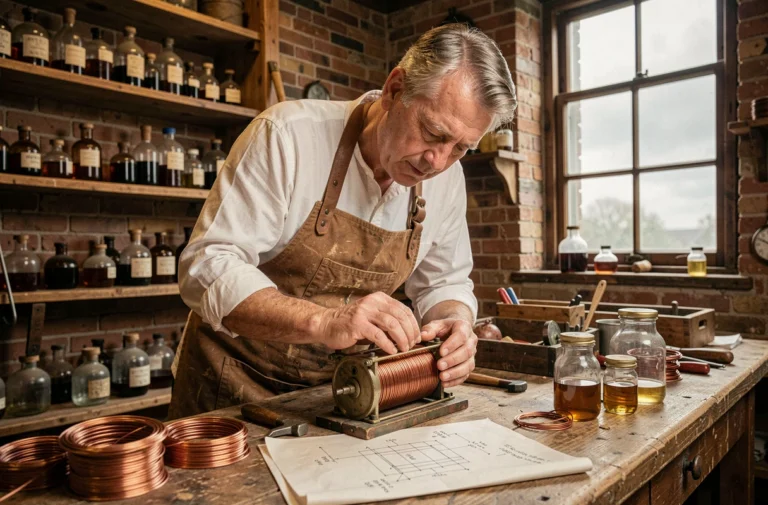 Ingénieur du XIXe siècle assemblant une batterie cylindrique primitive dans un atelier historique avec des matériaux de l'époque