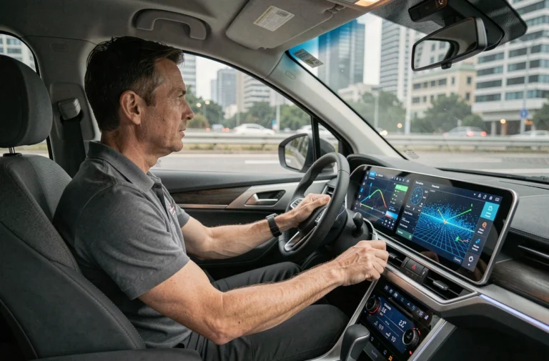 Ingénieur en voiture autonome avec les mains hors du volant, écrans de bord affichant des données de conduite autonome de niveau 5