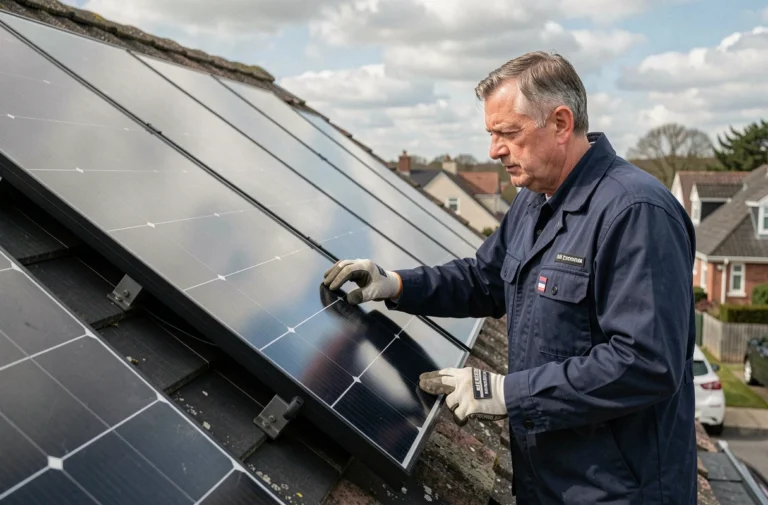 Technicien inspectant des panneaux solaires photovoltaïques installés sur le toit d'une maison individuelle