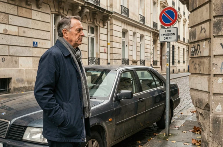 Homme debout près d'un véhicule diesel ancien face à un panneau de zone à faibles émissions à Paris