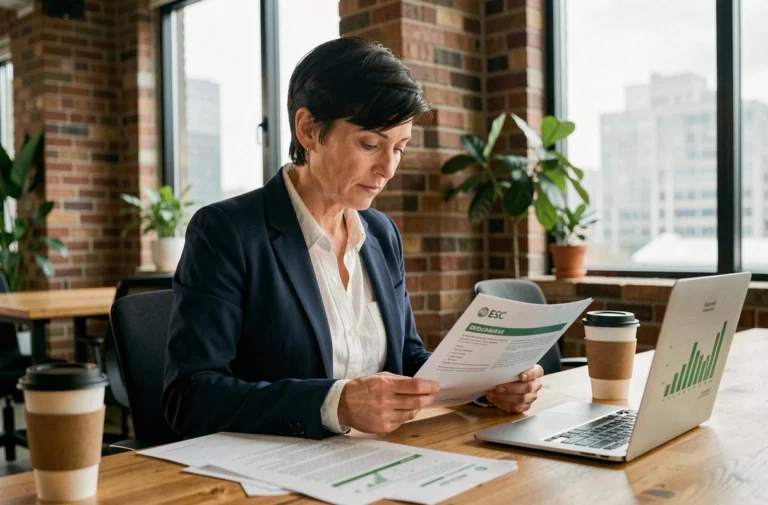 Une professionnelle de la finance éthique analysant des rapports ESG dans un espace de co-working moderne