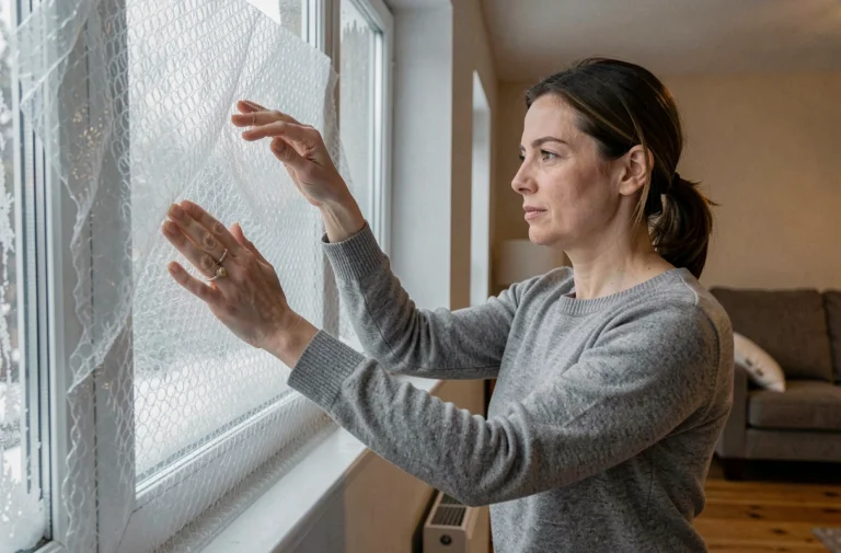 Femme isolant une fenêtre avec du papier bulle pour améliorer l'isolation thermique en hiver