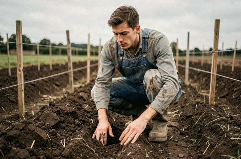 Jeune homme examinant la terre d'un champ fraîchement labouré pour débuter son projet agricole
