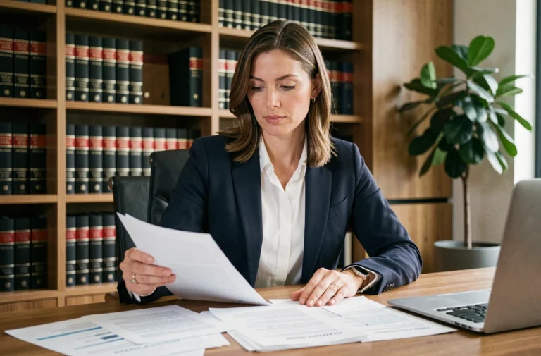 Juriste immobilier femme en costume marine analysant des contrats immobiliers dans un bureau juridique moderne