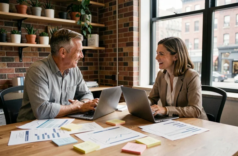 Frère et sœur discutant d'un projet d'entreprise familiale autour d'une table de réunion dans un bureau moderne