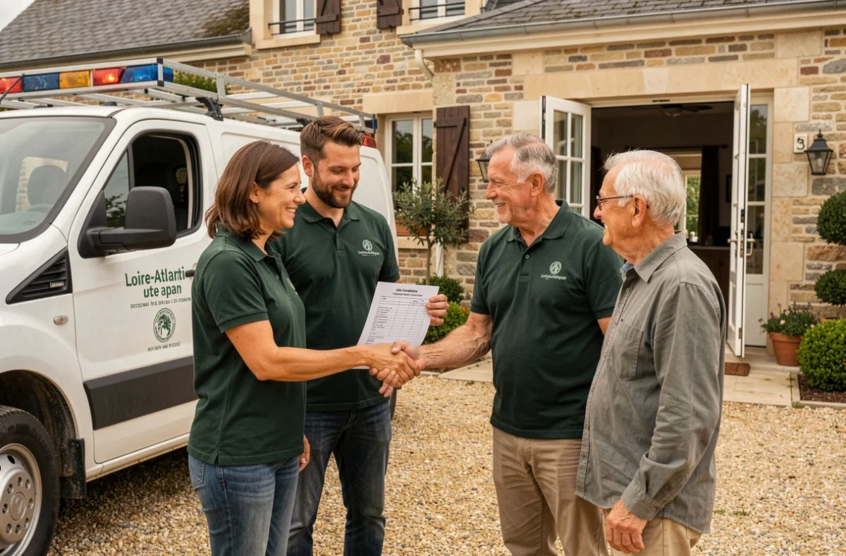 Équipe de Loire-Atlantique Débarras Services remettant un bon d'intervention à un propriétaire satisfait