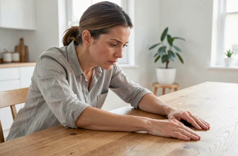 Femme appuyant les mains sur une table en chêne, illustrant la résistance de la matière solide et les forces intermoléculaires