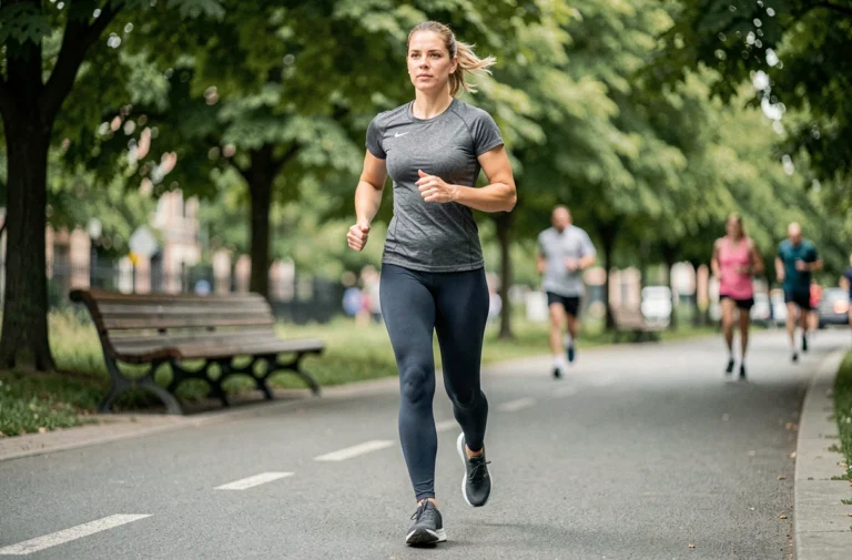 Femme marchant rapidement sur un chemin de parc urbain à environ 7 km/h en tenue de sport