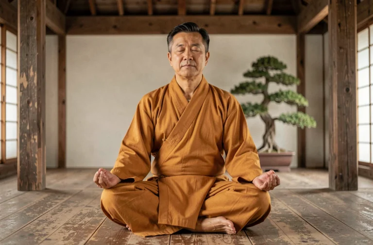 Moine bouddhiste en méditation dans un temple zen, illustration des origines de la pleine conscience