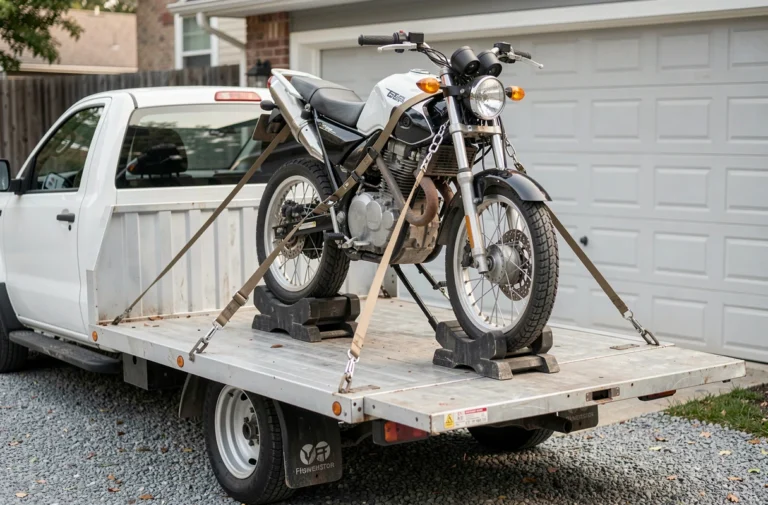 Moto chargée et arrimée sur le plateau d'un pickup blanc avec des sangles à cliquet, garée devant un garage