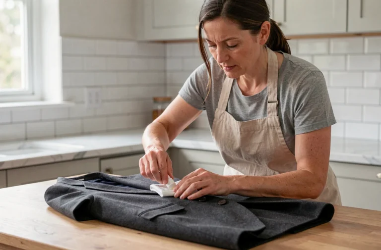 Femme appliquant un produit de nettoyage à sec sur un blazer en laine posé sur une table en bois dans une cuisine moderne