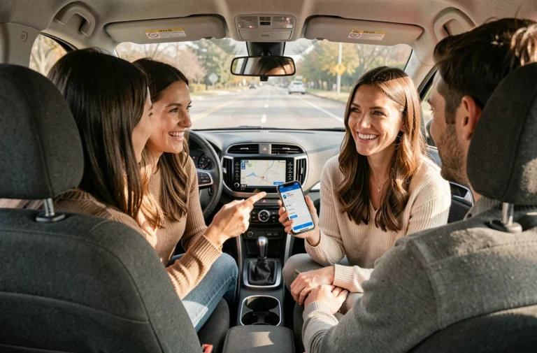 Trois amis en voiture consultant une application de partage de frais de voyage sur smartphone