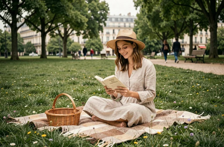 Jeune femme lisant sur une couverture de pique-nique dans un grand parc parisien verdoyant