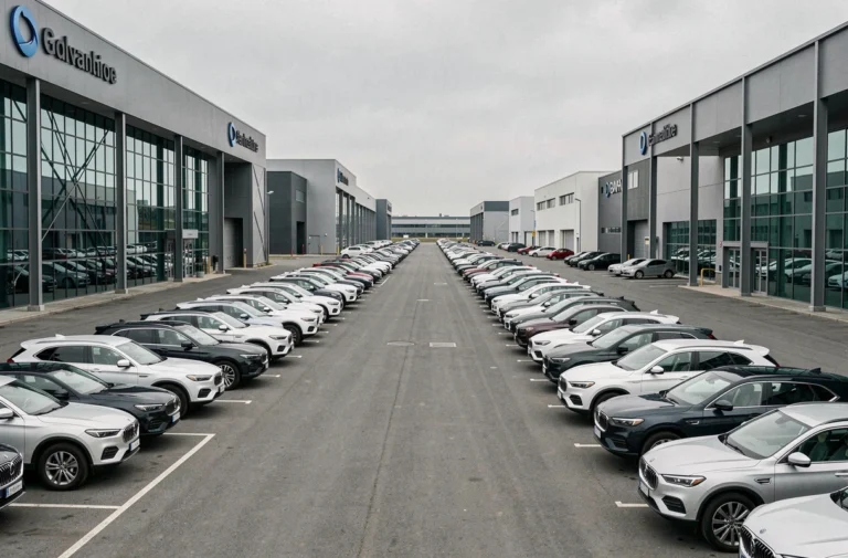 Usine automobile géante avec rangées de voitures neuves sur un immense parking extérieur industriel
