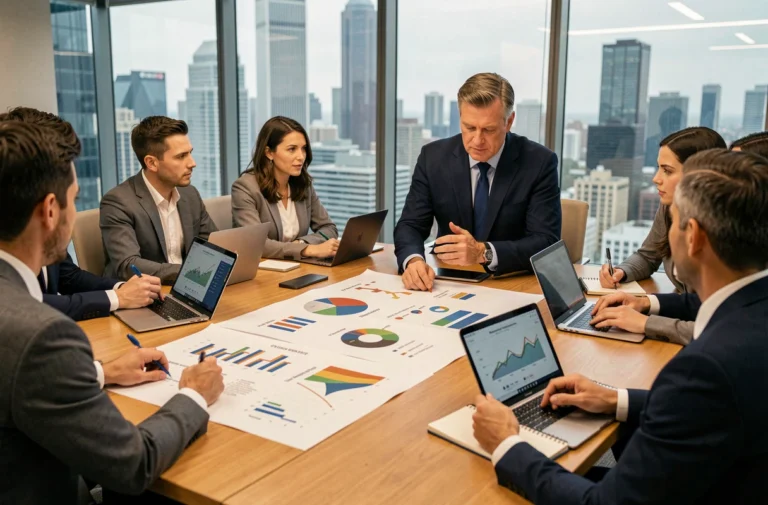 Réunion de cadres en entreprise analysant des graphiques sur les plus grands secteurs d'activité économique