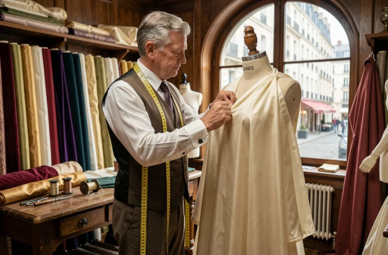 Tailleur parisien du XIXe siècle travaillant dans un atelier de haute couture, épinglant du tissu sur un mannequin de couturière