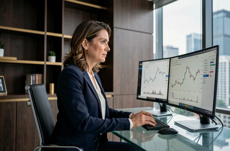 Professionnelle de la finance analysant des graphiques boursiers dans un bureau bancaire moderne