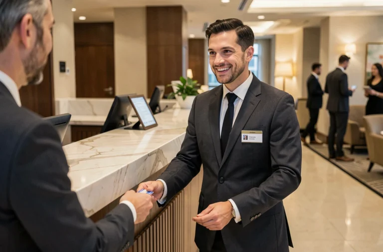 Réceptionniste GSR en hôtel remettant une carte de chambre à un client au comptoir d'accueil