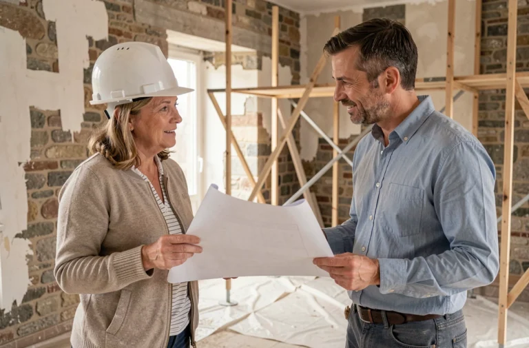 Une propriétaire et un artisan examinent des plans de rénovation dans un appartement ancien en cours de travaux financés par l'ANAH