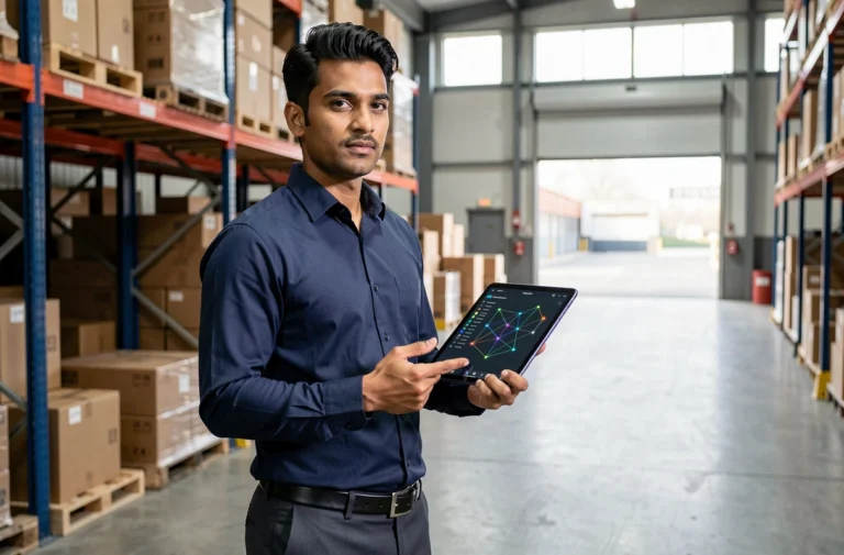 Responsable logistique consultant une interface blockchain sur tablette dans un entrepôt moderne