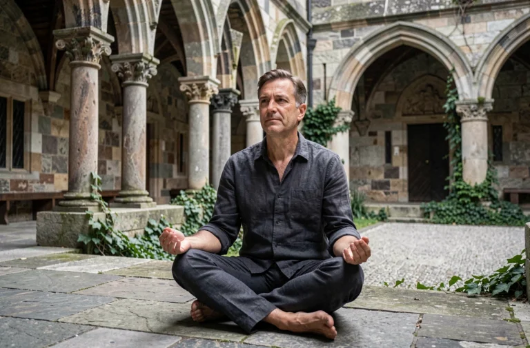 Homme en retraite spirituelle médite dans le cloître d'un monastère aux pierres anciennes