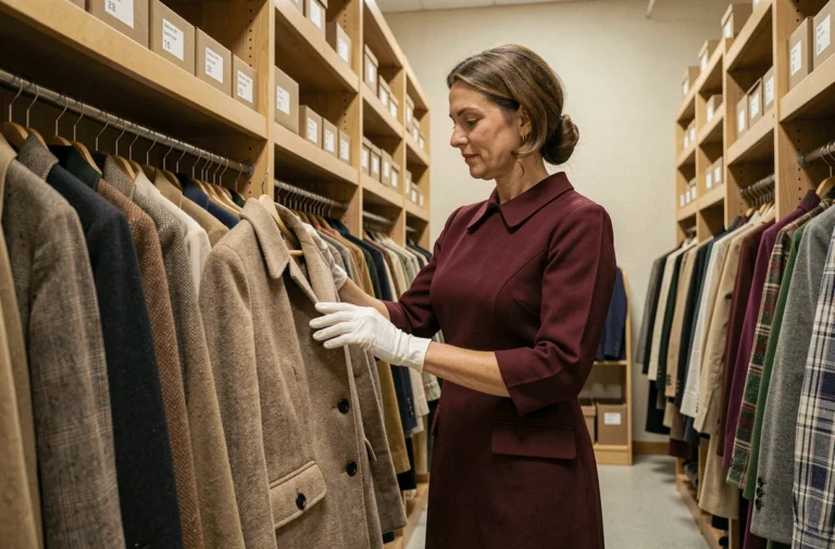 Historienne de la mode examinant des vêtements vintage des années 1960 dans une archive textile de musée