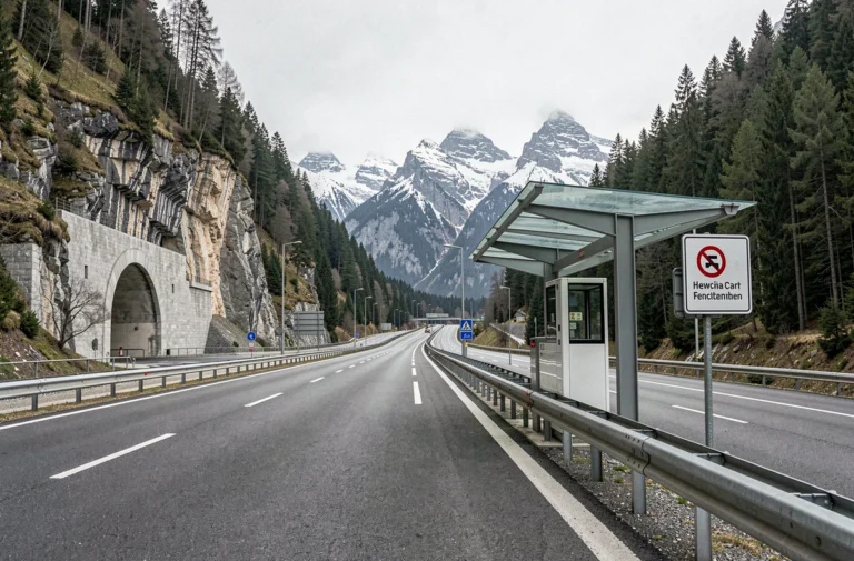 Autoroute alpine suisse avec péages modernes et tunnels creusés dans des falaises de granit, illustrant le coût élevé des routes en Suisse