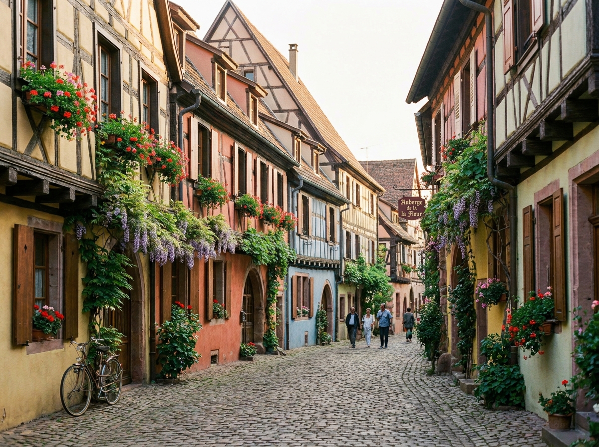 Ruelle pittoresque avec des maisons traditionnelles alsaciennes aux colombages et géraniums colorés