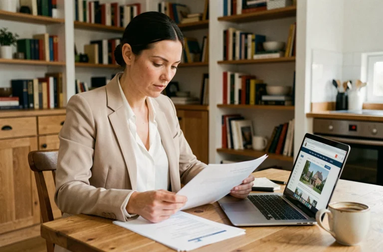 Femme consultant des documents de prêt immobilier et un ordinateur portable pour estimer le salaire nécessaire à l'achat d'un bien
