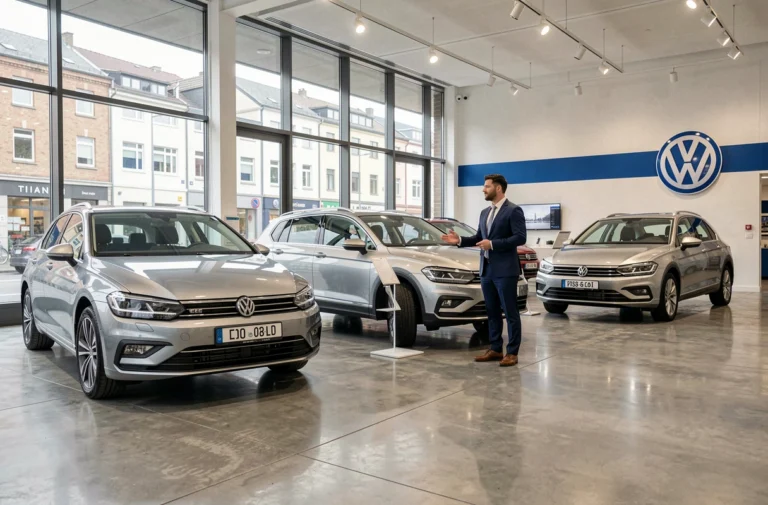 Showroom Volkswagen en Allemagne avec plusieurs modèles exposés et un conseiller commercial