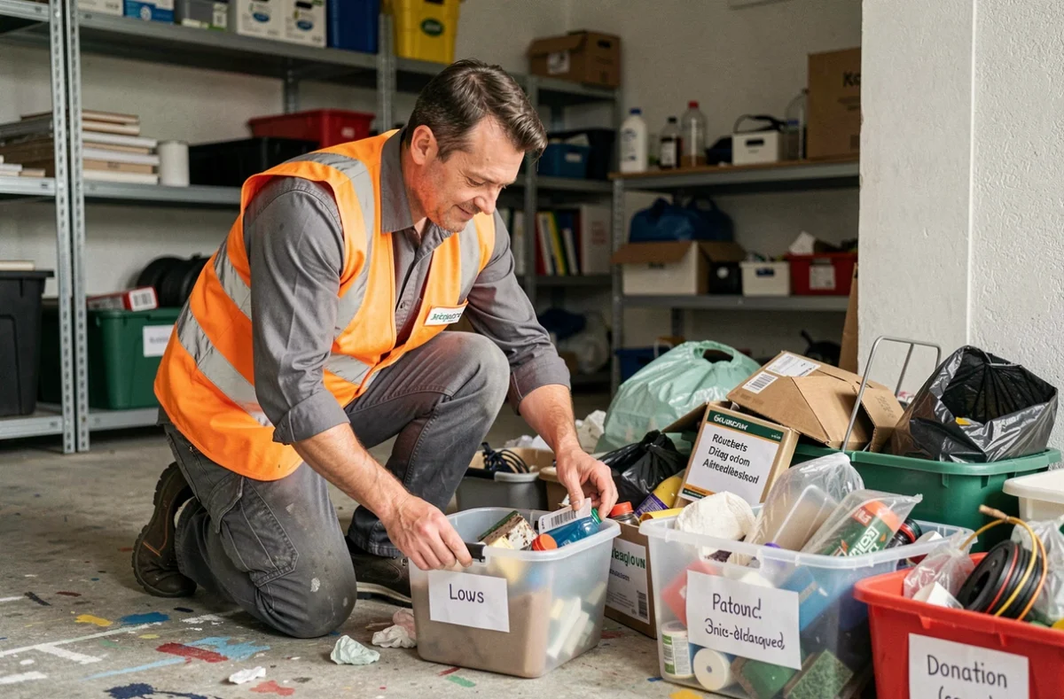Agent de SOS Débarras Loire-Atlantique triant des objets ménagers dans un garage de maison individuelle