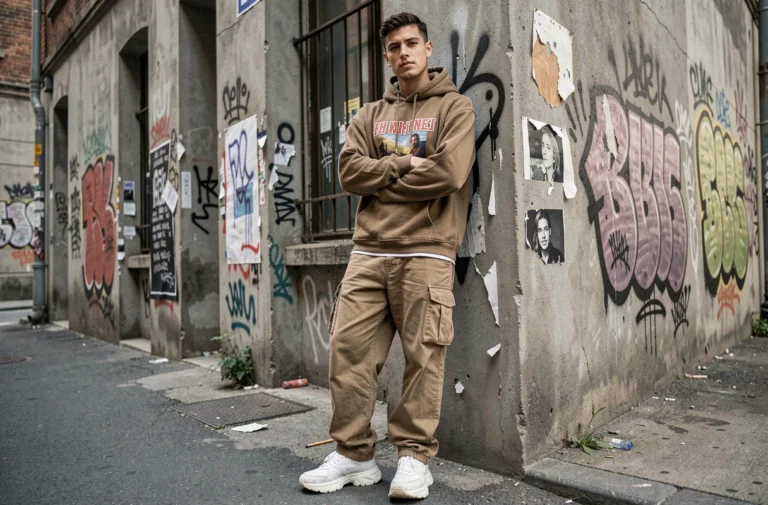 Jeune homme en tenue streetwear avec hoodie oversize et cargo pants dans une ruelle urbaine couverte de graffitis