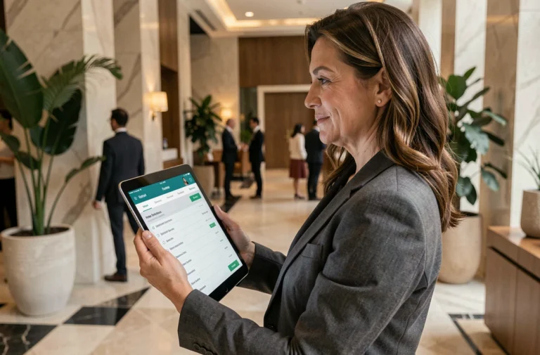 Femme professionnelle utilisant une tablette pour une réservation hôtelière numérique dans un lobby moderne, illustrant la transformation numérique du tourisme