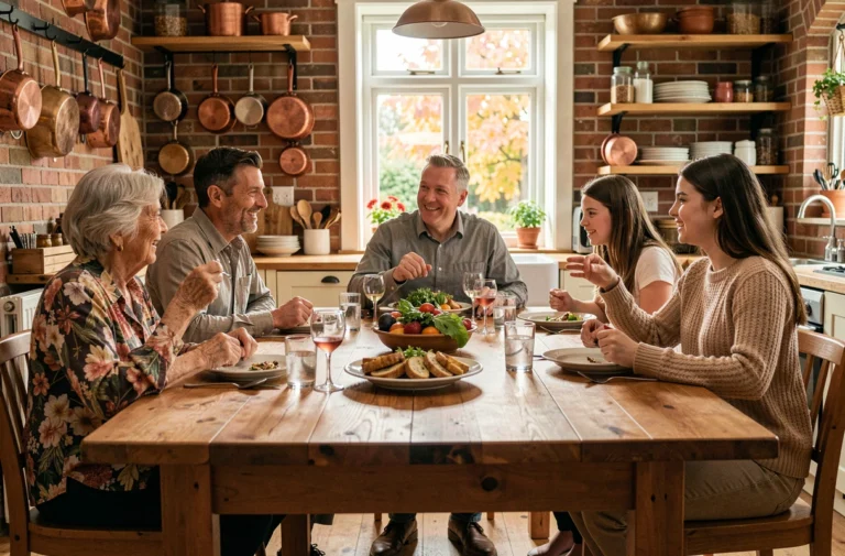 Trois générations d'une famille réunies autour d'un repas, transmettant des valeurs culturelles et familiales à travers la conversation