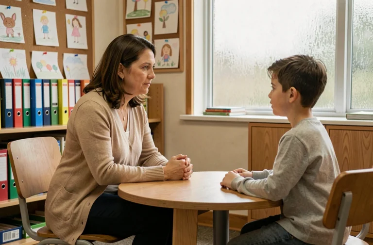Travailleuse sociale scolaire en entretien bienveillant avec un jeune élève dans un bureau sécurisé