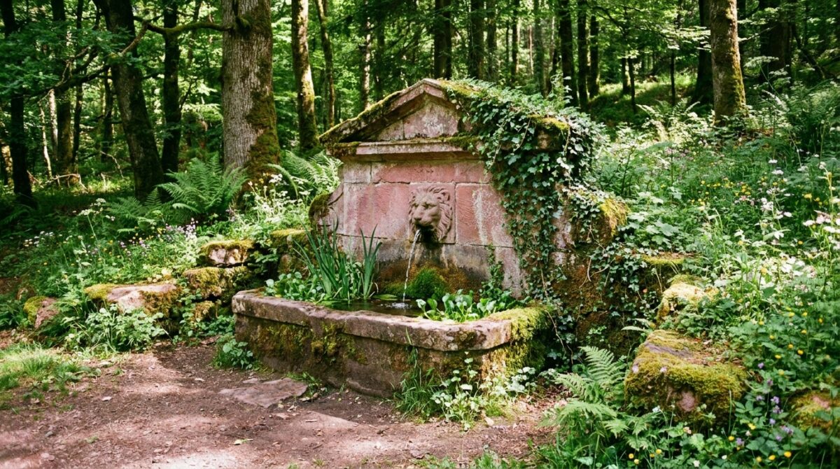 Une charmante fontaine ancienne en grès rose des Vosges, entourée par la verdure d'un sous-bois tranquille.
