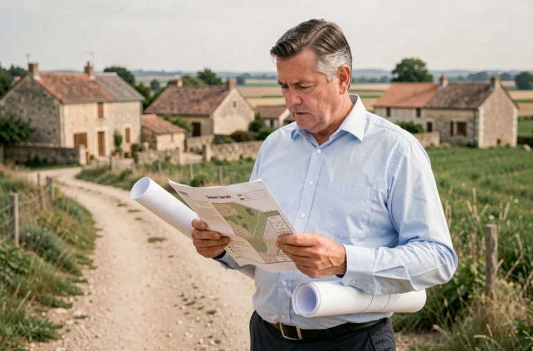 Urbaniste consultant un document d'urbanisme devant un village rural sans PLU en France